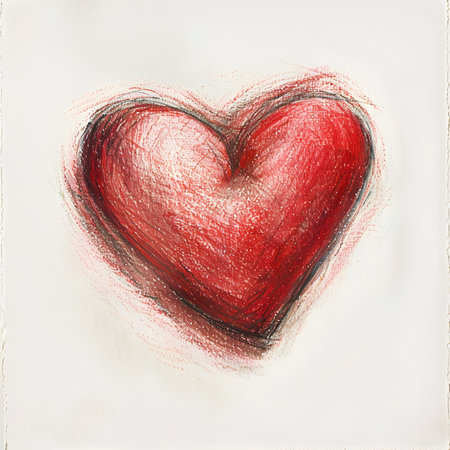 Red heart painted on white sheet paperの素材