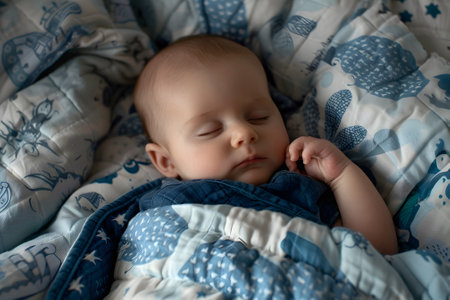 Cute newborn baby sleeping on a bed in blue blanketの素材