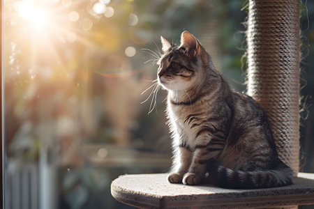 Cute tabby cat sitting on a chair in the morning sunlightの素材