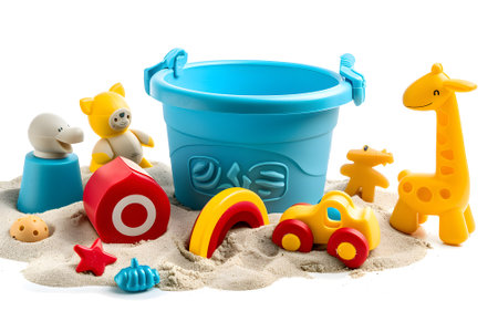 Childrens toys on the sand isolated on a white background. Studio photographyの素材