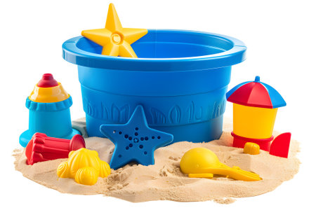 Childrens toys in the sand on a white backgroundの素材
