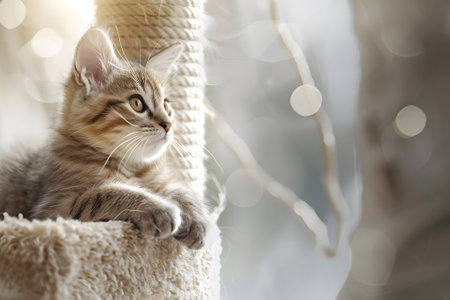 Cute tabby kitten on cat tree swing. Space for textの素材