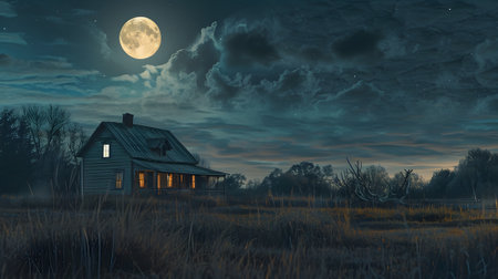 Old house in the field at night with full moonの素材