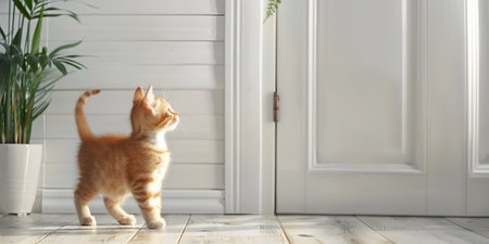 Cute ginger cat running on wooden floor in room. Space for textの素材