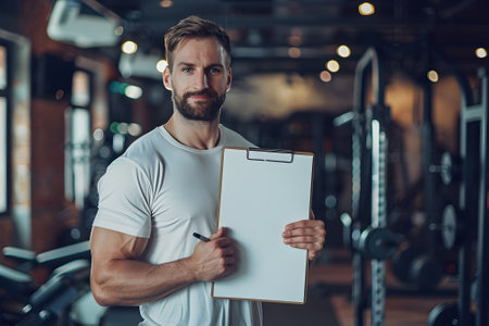 Portrait sporty man holding clipboard looking at camera while standing at gymの素材