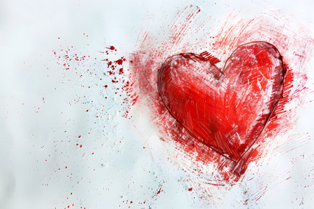 Red heart painted in watercolor on a white background with copy spaceの素材