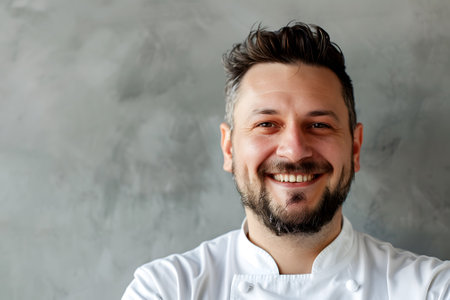 Portrait smiling chef in white shirt on gray backgroundの素材
