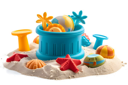 Childrens toys in the sand on a white backgroundの素材