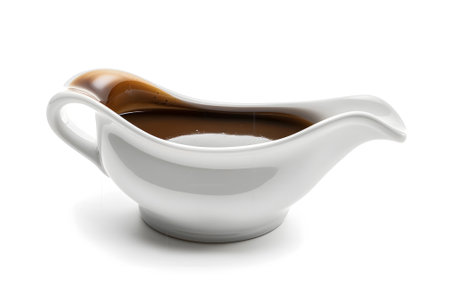 Ceramic gravy boat with sauce on white backgroundの素材
