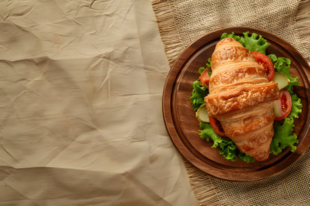 Croissant sandwich with lettuce, tomato and cucumber on wooden plateの素材
