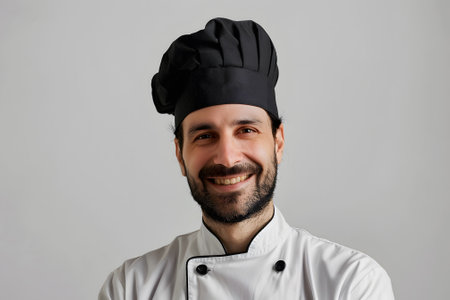 Portrait smiling male chef in white coat and black hatの素材