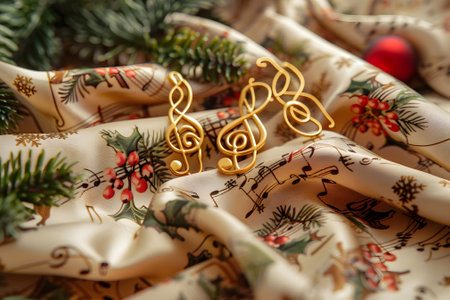 golden treble clef on the background of a fabric with Christmas decorationsの素材
