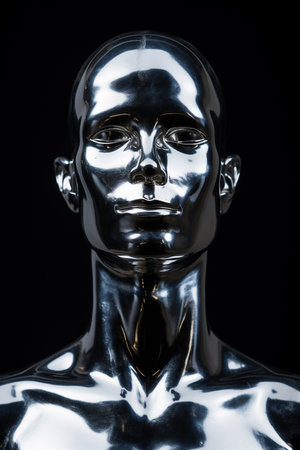 3d rendering silver robot face on black background, artificial intelligence conceptの素材