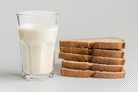 Glass of milk and slices of bread pngの素材
