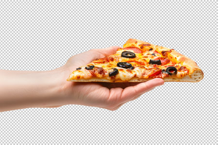 Hand holding a slice of pizza with olives and cheese pngの素材