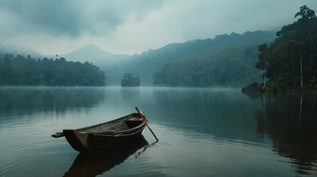the beautiful morning view of a mountain lake with mist, nature wallpaper bacckgroundの素材