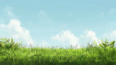 Grass field with blue sky and white clouds. Vector illustration.の素材