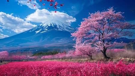 The view of mountains and cherry blossom trees in the morningの素材