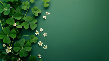 Green background with clover leaves and white flowers. St. Patrick's Day concept. Flat lay, top view, copy space.の素材