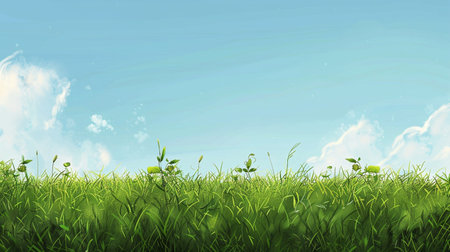 green grass and blue sky with white clouds, 3d render illustrationの素材
