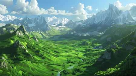 3D fantasy landscape with mountains and river. Computer generated graphics.の素材