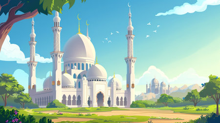 landscape of mosque view, suitable for ramadan background and bannerの素材