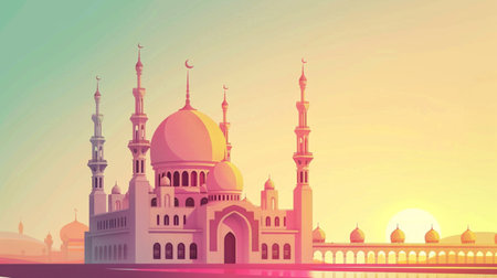 landscape of mosque view, suitable for ramadan background and bannerの素材