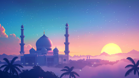 landscape of mosque view, suitable for ramadan background and bannerの素材