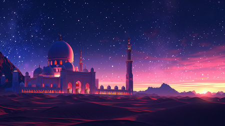 landscape of mosque view, suitable for ramadan background and bannerの素材