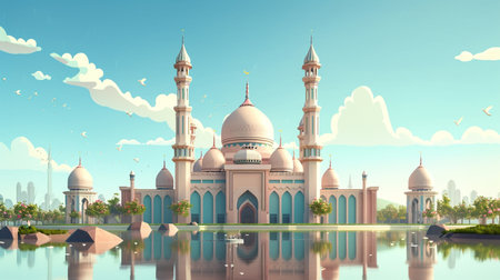 landscape of mosque view, suitable for ramadan background and bannerの素材