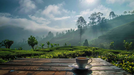 A cup of hot coffee, as the sun rises over the beautiful mountainsの素材