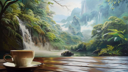 A cup of coffee enjoyed by the lakeside with calm water and beautiful scenery, nature backgroundの素材