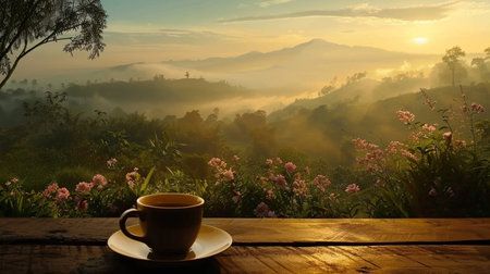 A cup of hot coffee, as the sun rises over the beautiful mountainsの素材