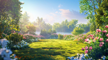 A beautiful garden scene with butterflies and beautiful flowersの素材