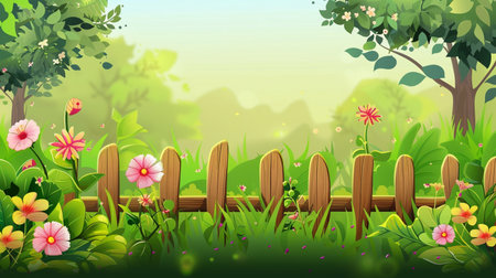 A beautiful garden scene with butterflies and beautiful flowersの素材
