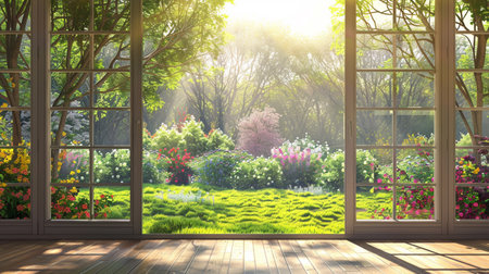A beautiful garden scene with butterflies and beautiful flowersの素材