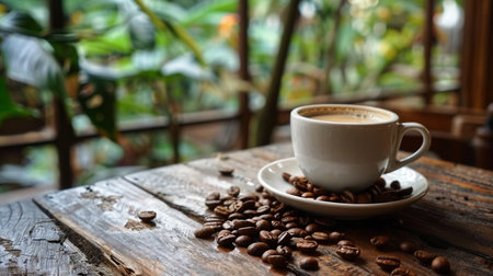 Coffee cup and coffee beans on wooden table in coffee shopの素材