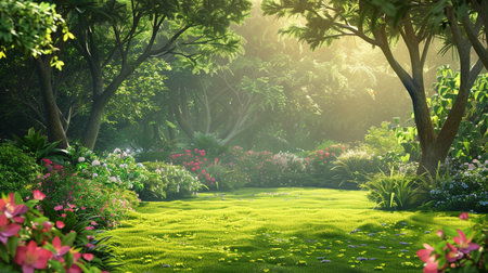 A beautiful garden scene with butterflies and beautiful flowersの素材