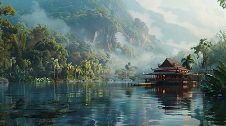 the beautiful morning view of a mountain lake with mist, nature wallpaper bacckgroundの素材