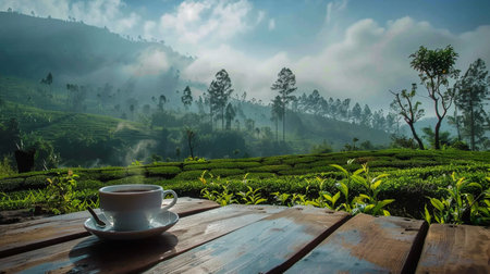 A cup of hot coffee, as the sun rises over the beautiful mountainsの素材
