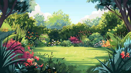 A beautiful garden scene with butterflies and beautiful flowersの素材