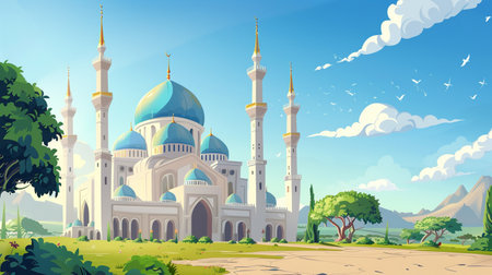 landscape of mosque view, suitable for ramadan background and bannerの素材
