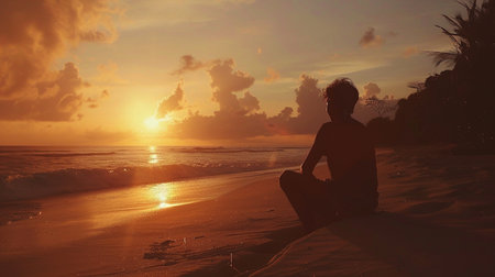 The scenery of boy on the sunset at the beachの素材