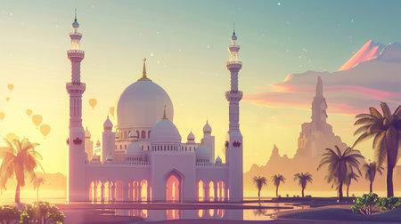 landscape of mosque view, suitable for ramadan background and bannerの素材