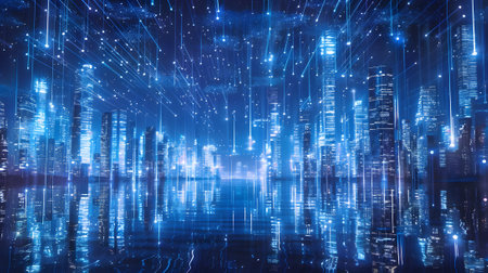 Abstract night city with neon lights and reflectionsの素材