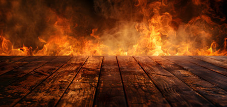 Burning wooden planks on a dark backgroundの素材