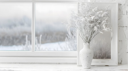 White vase with dry flowers on the windowsill in winterの素材