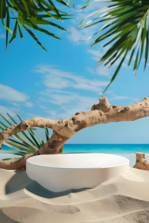 White podium on the beach with palm treeの素材