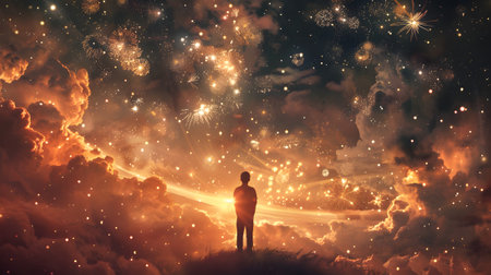 Man standing on the edge of a cliff and looking at fireworksの素材