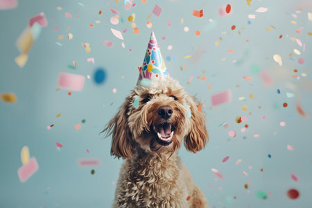 happy dog in birthday cap with confetti on blue background, birthday partyの素材
